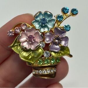 Vintage Enamel Flower Bouquet Pink Blue Green Rhinestone Brooch Gold Tone Pin